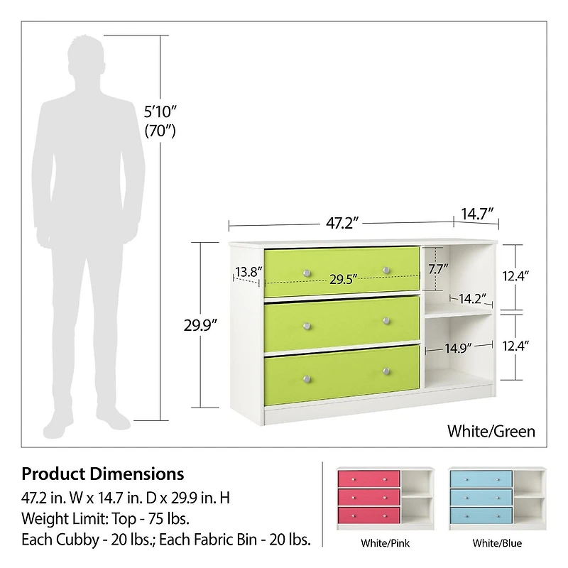 Grande commode et ses 3 tiroirs en tissu Mya Park d’Ameriwood Home, blanche et tiroirs verts
