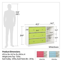 Grande commode et ses 3 tiroirs en tissu Mya Park d’Ameriwood Home, blanche et tiroirs verts