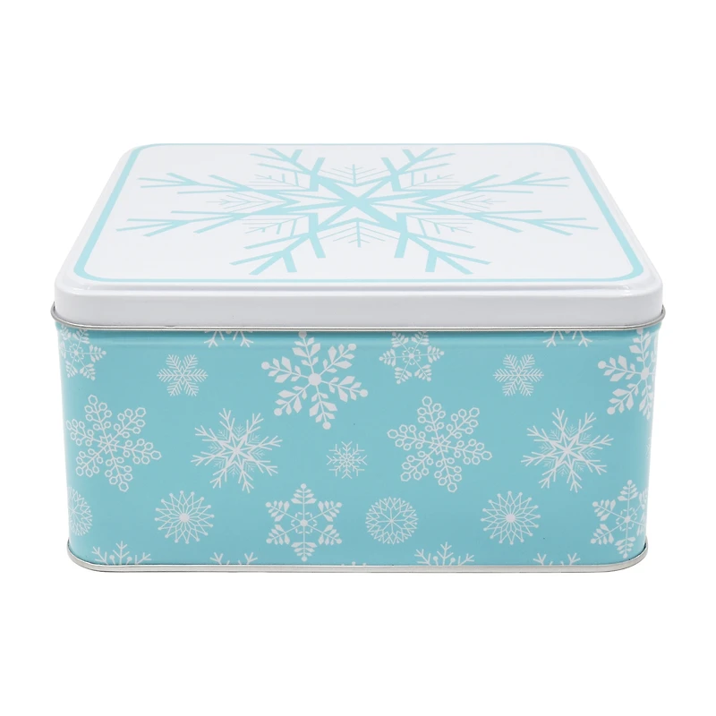 Holiday Time Christmas Snowflake Metal Blue Festive Gift Tin with Lid Large, 8.2" x 8.2" x 4.1", <ul><li>Holiday Time Christmas Snowflake Metal Blue Festive Gift Tin with Lid Large</li><li>Featuring a blue tin body with a festive white lid decorated with snowflake prints</li><li>Lightweight, reusable</li></ul>