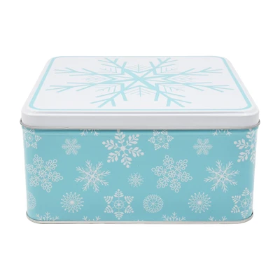Holiday Time Christmas Snowflake Metal Blue Festive Gift Tin with Lid Large, 8.2" x 8.2" x 4.1", <ul><li>Holiday Time Christmas Snowflake Metal Blue Festive Gift Tin with Lid Large</li><li>Featuring a blue tin body with a festive white lid decorated with snowflake prints</li><li>Lightweight, reusable</li></ul>