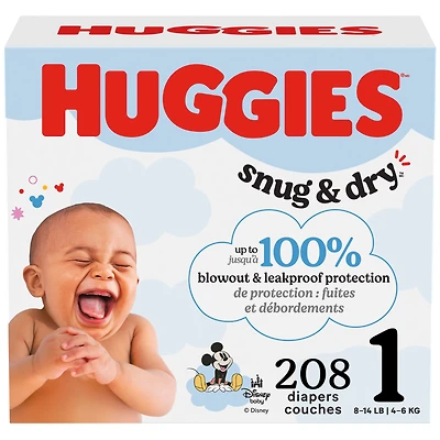Huggies Snug & Dry Baby Diapers, Size 1 (8-14 lbs), 208 Count