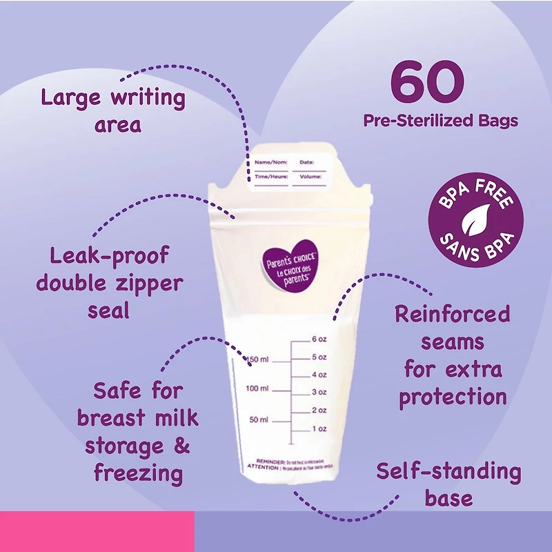Parent's Choice Breast Milk Storage Bags, Pack of 60, 175 mL