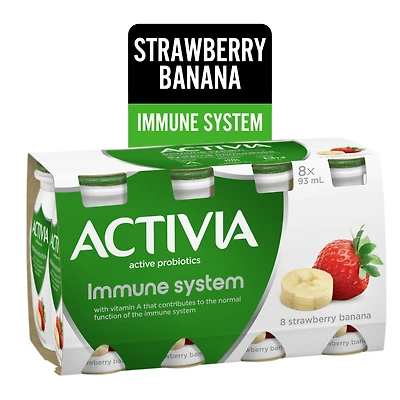 Activia Probiotic Yogurt Drink, Strawberry-Banana, Immune System, 8 x 93 mL