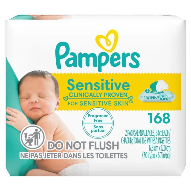 Pampers Lingettes pour Bébés Sensibles Sans Parfum, 2 Paquets à Couvercle Rabattable (168 Lingettes au Total)