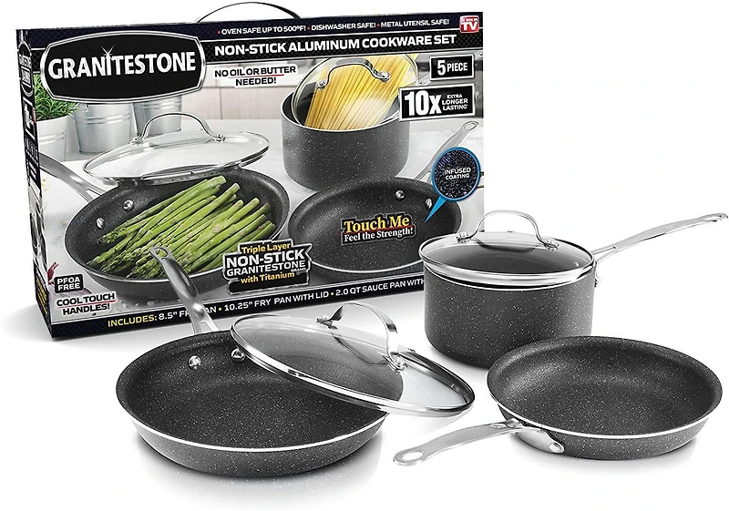 GraniteStone 5-Piece Nonstick Cookware Set, Scratch-Resistant, Granite-coated Anodized Aluminum, Dishwasher-Safe, PFOA-Free As Seen On TV