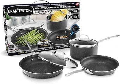 GraniteStone 5-Piece Nonstick Cookware Set, Scratch-Resistant, Granite-coated Anodized Aluminum, Dishwasher-Safe, PFOA-Free As Seen On TV