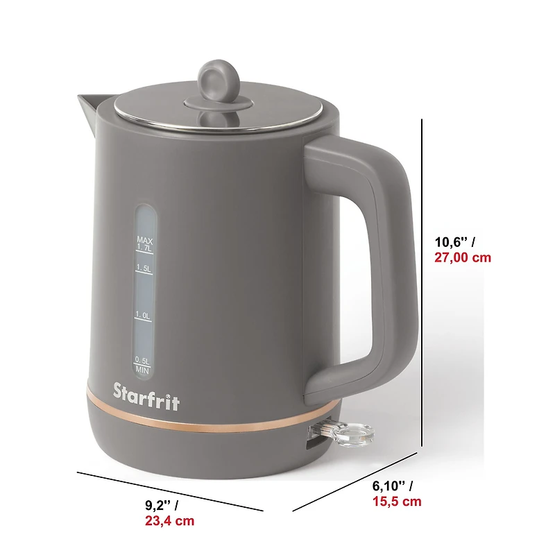 Bouilloire électrique Starfrit - Collection Caledonia - Capacité de 1,7L - Indicateur de niveau d'eau - 1500W - Gris