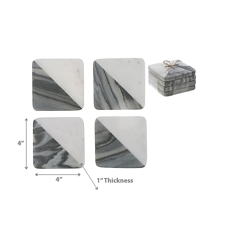 Dessous De Verre Carré En Marbre 2 Tons Diagonal 4 Pièces 4X4 "Noir Et Blanc