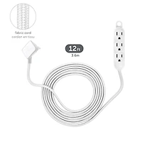 Rallonge électrique en tissu blanc de 3,7 m (12 pi) et de calibre 16/3 à 3 prises avec fiche coudée et crochet intégré de Globe Electric