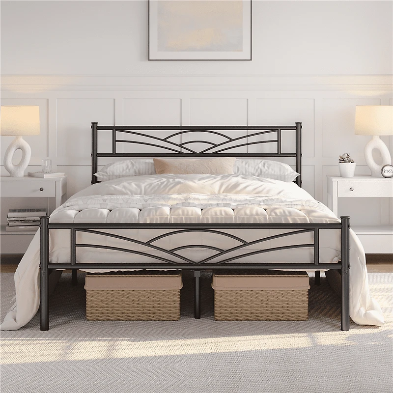 Fullfurnique Metal Platform Bed Frame with Cloud Inspired Design Headboard, Full, Black
