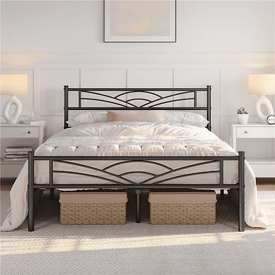 Fullfurnique Metal Platform Bed Frame with Cloud Inspired Design Headboard, Full, Black