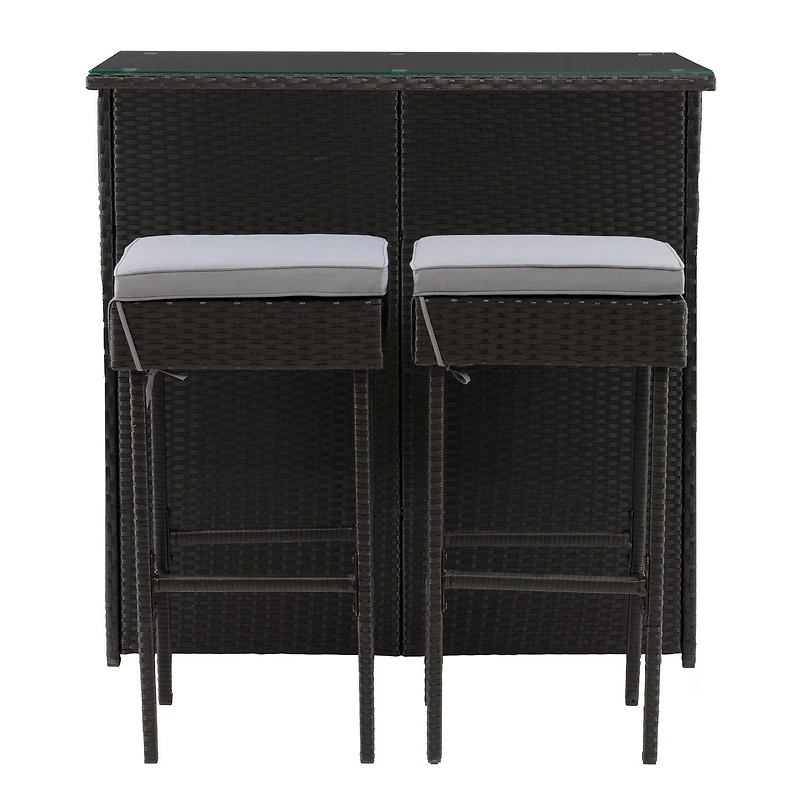 CorLiving Parksville 3-Piece Stylish and Durable Black Resin Wicker and Steel Patio Bar Set with Barstools with Grey Cushions