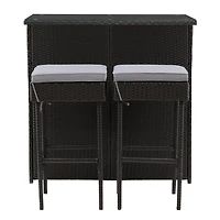 CorLiving Parksville 3-Piece Stylish and Durable Black Resin Wicker and Steel Patio Bar Set with Barstools with Grey Cushions