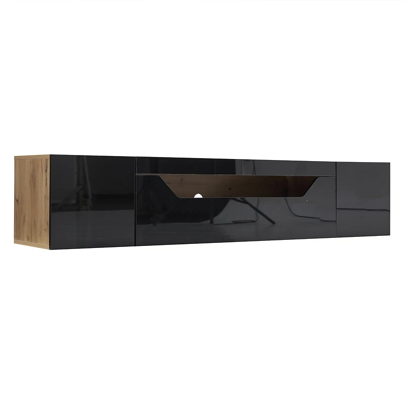Homy Casa 64.9" Floating TV Stand for TVs up to 65", Wall Mounted Media Console with App-Controlled LED, Black Gloss & Oak