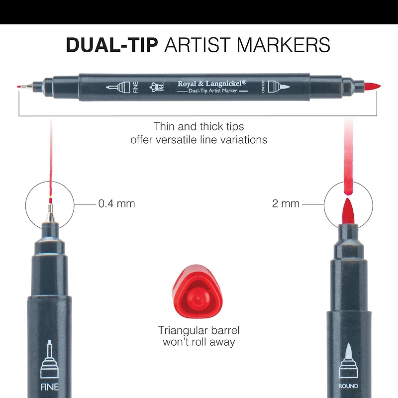 Royal & Langnickel - 12pc Dual Tip Artist Markers - Pointed Round Tip and Fineliner, 12pc Dual Tip Marker