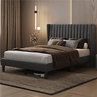 Fullfurnique Upholstered Bed Frame with Wing Side and Channel Headboard, Queen, Dark Gray
