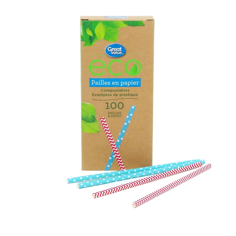 Great Value Patterned Paper Straws, 100 pieces