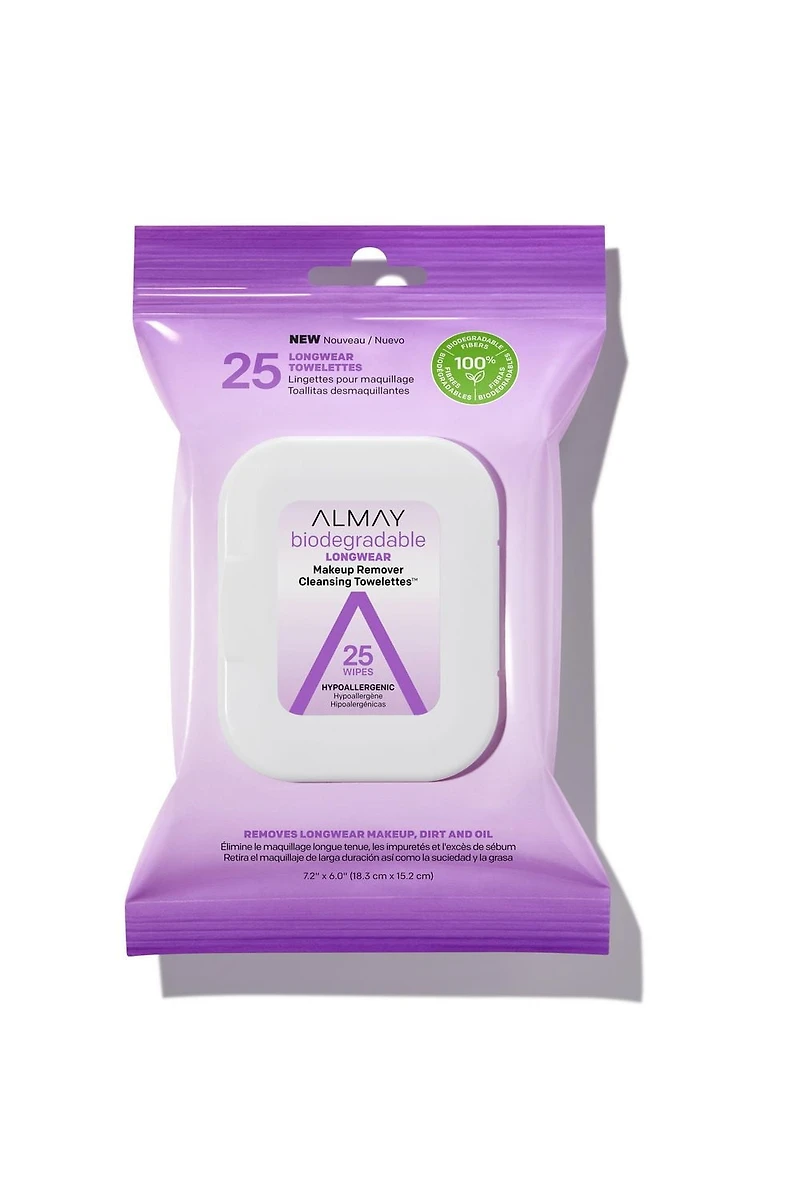 Almay Biodegradable Longwear Makeup Remover Cleansing Towelettes, 25 Count, Cleansing Towelettes