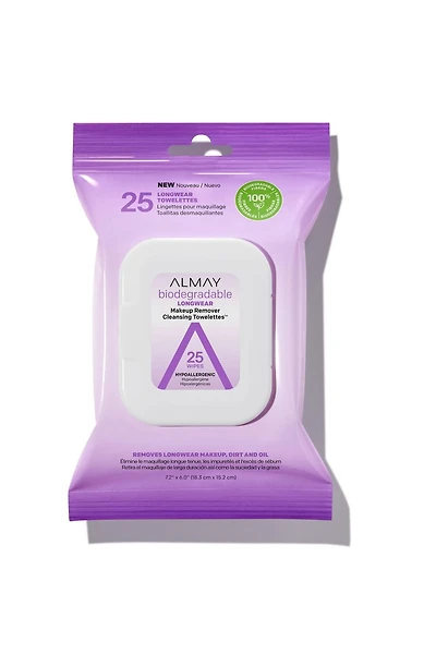 Almay Biodegradable Longwear Makeup Remover Cleansing Towelettes, 25 Count, Cleansing Towelettes