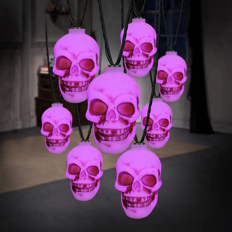 Guirlande lumineuse à piles pour Halloween, court-circuit S/8 crânes (lumière noire)