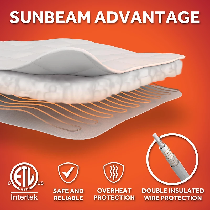 Sunbeam Quilted Electric Heated Mattress Pad 12 Heat Settings Auto Shut-Off Fast Heating White Full 54 x 75
