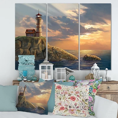 Designart Lighthouse On A Rocky Coastal Cliff At Sunset Canvas Wall Art