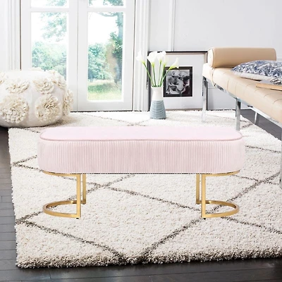 Banc Elinor, banc en velours, banc ovale en velours, banc ovale avec pieds dorés, banc sans dossier, repose-pieds en velours bleu, banc de chambre à coucher, banc d'entrée, banc de salon