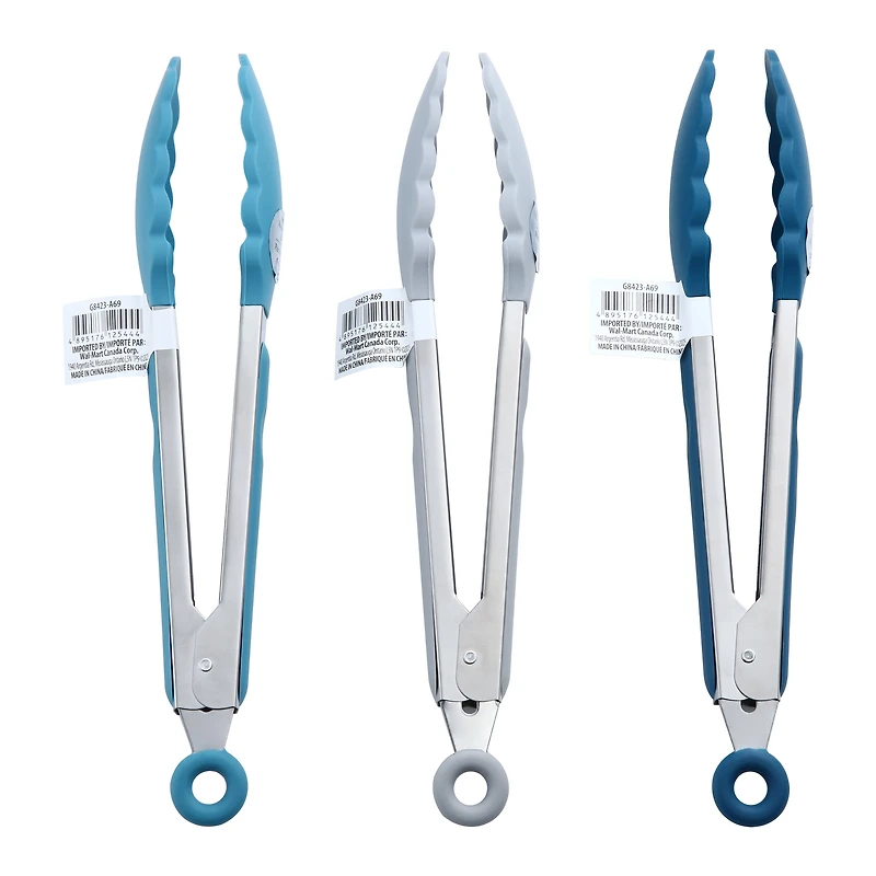 Mainstays 9" Stainless Steel Locking Tongs with Silicone Head, Navy, Grey, or Teal