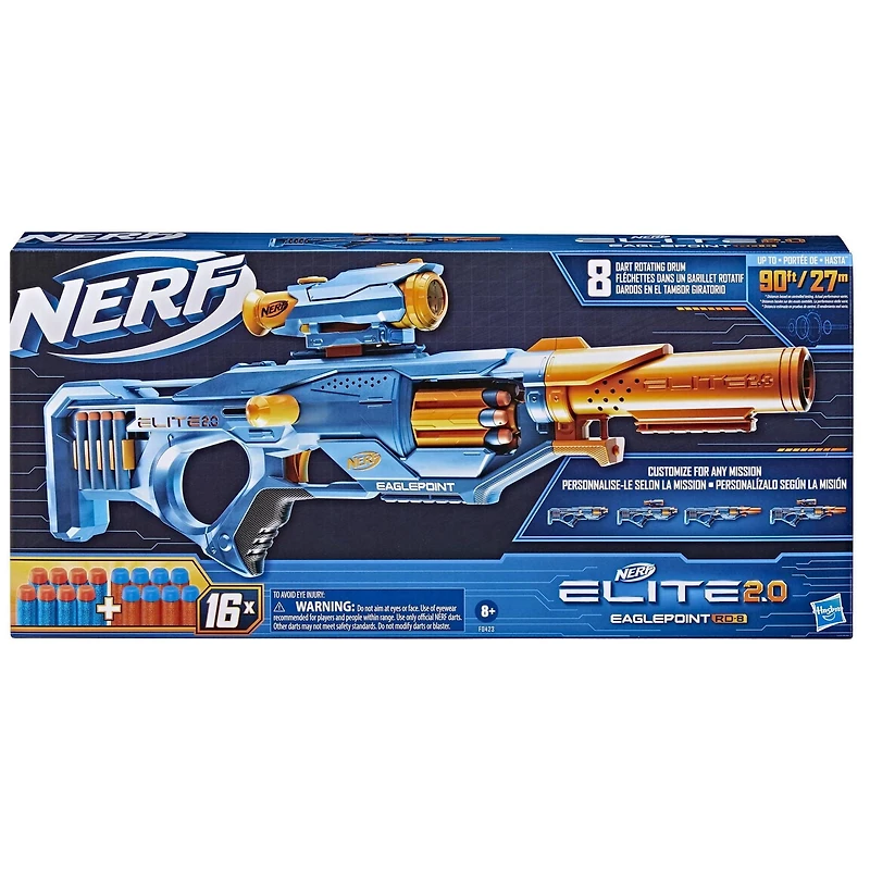 Nerf Elite 2.0 Eaglepoint RD-8 Dart Blaster, 8 Dart Drum, Nerf Scope, Barrel, 16 Nerf Elite Darts, Outdoor Toys