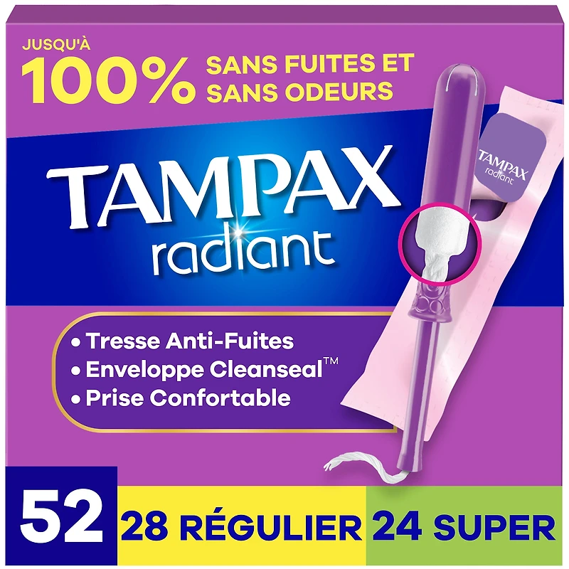 Tampons Tampax Radiant, avec tresse anti-fuites LeakGuard, degrés d’absorption régulier/super, emballage multiple, non parfumés
