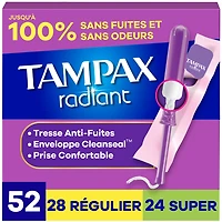 Tampons Tampax Radiant, avec tresse anti-fuites LeakGuard, degrés d’absorption régulier/super, emballage multiple, non parfumés