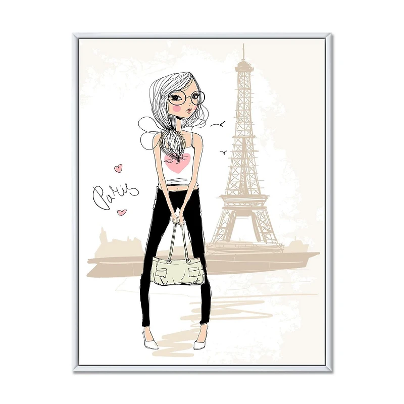 Designart Jolie fille près de la Tour Eiffel à Paris ART MURAL À CADRE FLOTTÉ