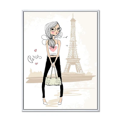 Designart Jolie fille près de la Tour Eiffel à Paris ART MURAL À CADRE FLOTTÉ