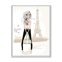 Designart Jolie fille près de la Tour Eiffel à Paris ART MURAL À CADRE FLOTTÉ