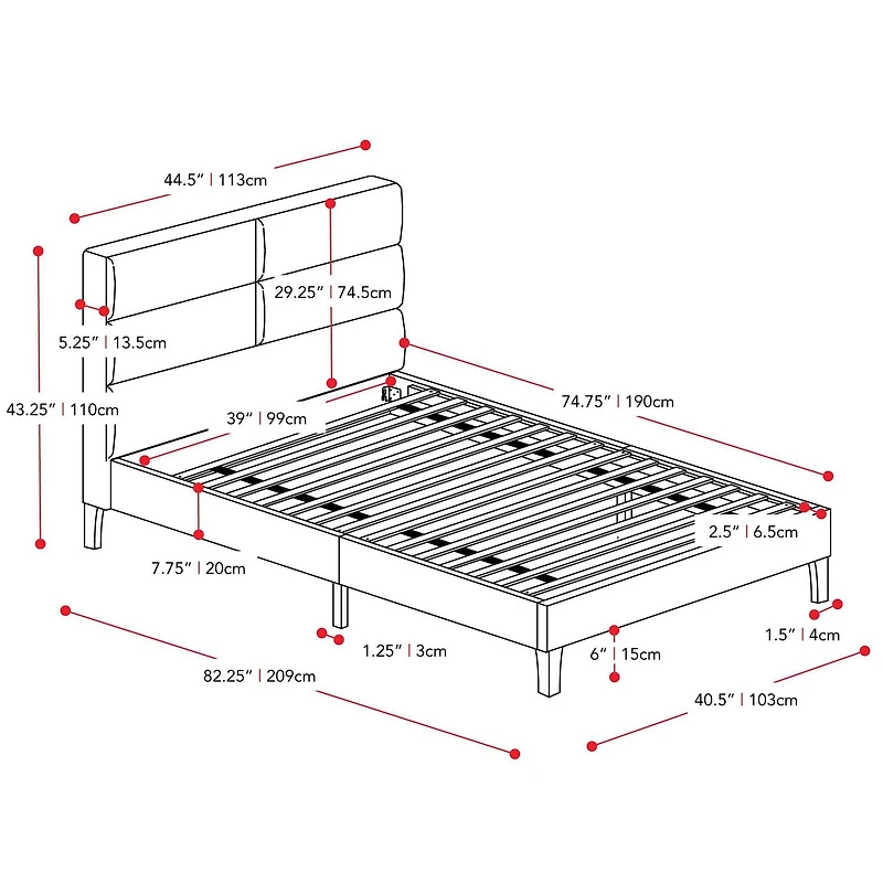 CorLiving Bellevue Adult Twin Upholstered Bed Frame with Wide-Rectangle Tufted Headboard and Slats - No Box Spring Required