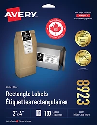 Avery Étiquettes rectangulaires blanches avec technologie Sure Feed, Technologie TrueBlock, 2 po x 4 po, pour imprimantes laser et à jet d'encre,10 étiquettes/feuille, 10 feuilles/paquet - 8923