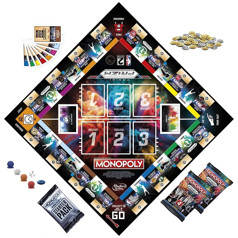 Monopoly Prizm : 2e édition NBA, jeu de plateau Monopoly avec cartes de collection Panini 2023-24 de la NBA