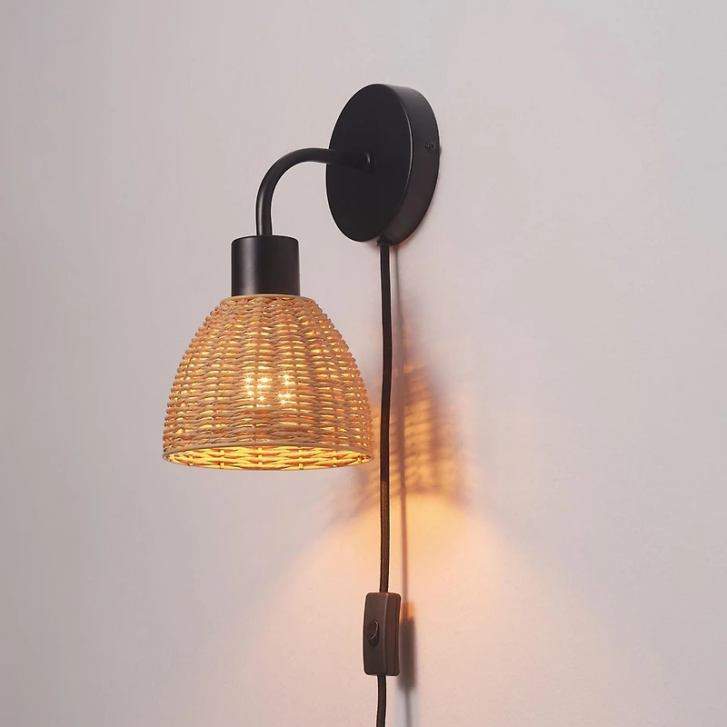 Briar 1-Light Matte Black Plug-In or Hardwire Wall Sconce with Rattan Shade, 91004447