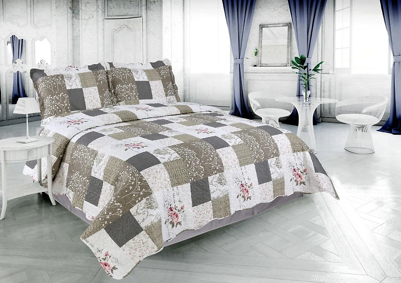 Marina Decoration Rich Printed Embossed Pinsonic Coverlet Bedset Ultra Soft Bedding Summer Quilt Set avec taies d'oreiller, motif floral rose et motif à carreaux de branches