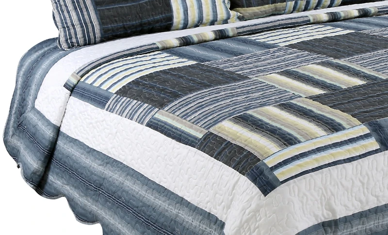 Marina Decoration Rich Printed Stitching Coverlet Bedspread Ultra Soft Summer Bedding Quilt Set with Quilted Sham, Classic Navy Blue Plaid Pattern