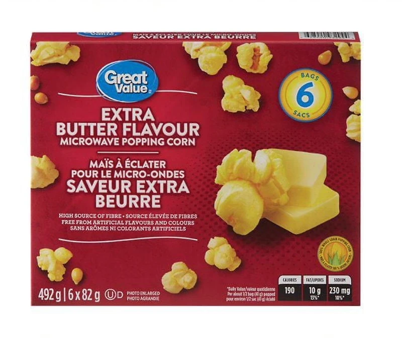 Great Value Extra Butter Flavour Microwave Popping Corn, 492 g (6 bags x 82 g)