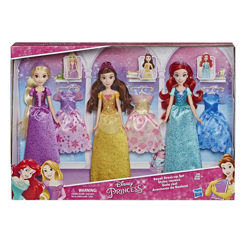 Disney Princess Styles royaux, inclut poupées mannequins Ariel, Belle et Raiponce avec robes étincelantes, souliers et diadèmes
