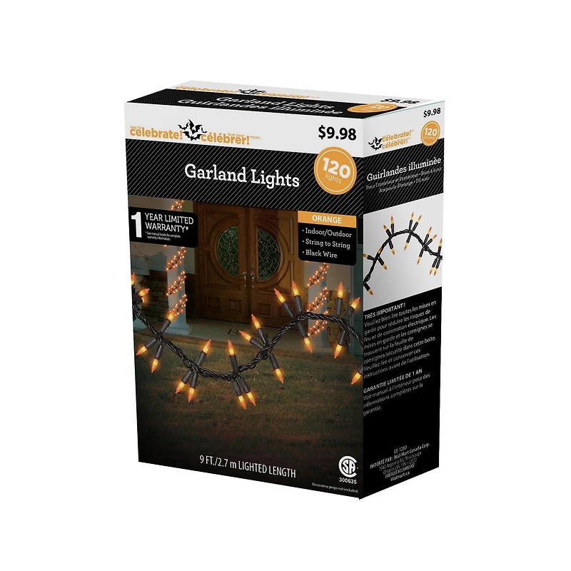 Way to Celebrate 120-Count Incandescent Garland Halloween Lights, Ceramic Orange