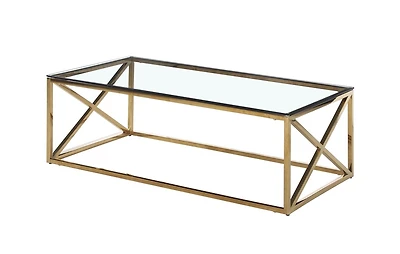 TABLE BASSE K-LIVING PALMA AVEC PLATEAU EN VERRE TRANSPARENT ET BASE EN ACIER INOXYDABLE POLI OR