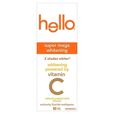 Hello Super Mega Dentifrice Blanchissant Avec Fluorure, Dentifrice Blanchissant Avec Vitamine C, Aide À Blanchir les Dents Jusqu'à 2 Tons, Saveur Naturelle de Menthe Poivrée, Tube de 82mL Hello Dentifrice