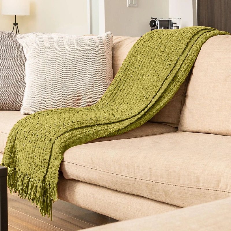 Jeté en tricot natté en chenille avec frange, couverture légère et respirante en chenille pour canapé, chaise, lit, usage extérieur