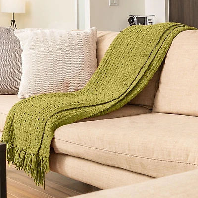 Jeté en tricot natté en chenille avec frange, couverture légère et respirante en chenille pour canapé, chaise, lit, usage extérieur