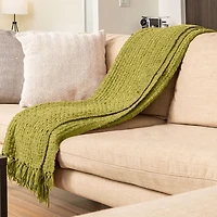 Jeté en tricot natté en chenille avec frange, couverture légère et respirante en chenille pour canapé, chaise, lit, usage extérieur