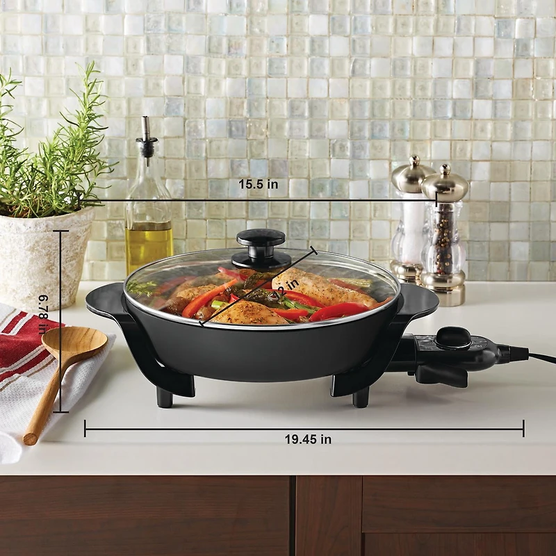 Mainstays 12" Round Ceramic Skillet, Black,Nonstick, 1200W, Removable Temp Control, Dishwasher Safe