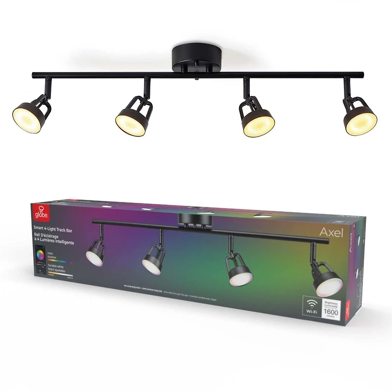 Rail d’éclairage à quatre têtes intelligent sans fil, noir mat, aucun concentrateur requis, commande vocale, 28 W (7 W par tête), couleur ajustable RVB, lumière blanche à intensité réglable